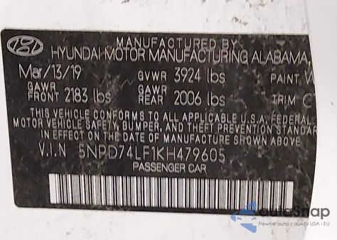 2019 Hyundai Elantra Se z USA, uszkodzony, nr VIN 5NPD74LF1KH479605